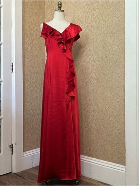 Red Satin Asymmetrical One Shoulder Ruffle Slit Leg Formal Evening Dress